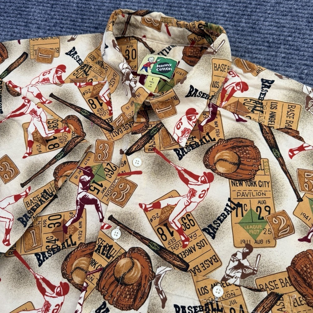 Vintage Johnny Cotton Baseball AOP Camp Shirt Men's Large Short Sleeve USA‎ Made